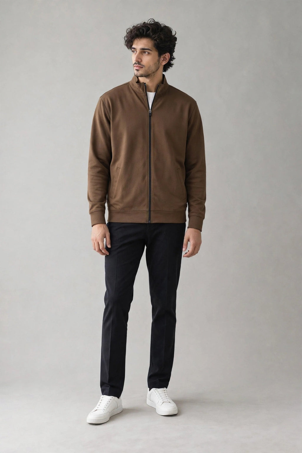 GR Apparel Zip-Up Track Jacket in brown — front